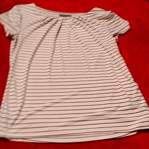 Black and white, crew neck blouse.